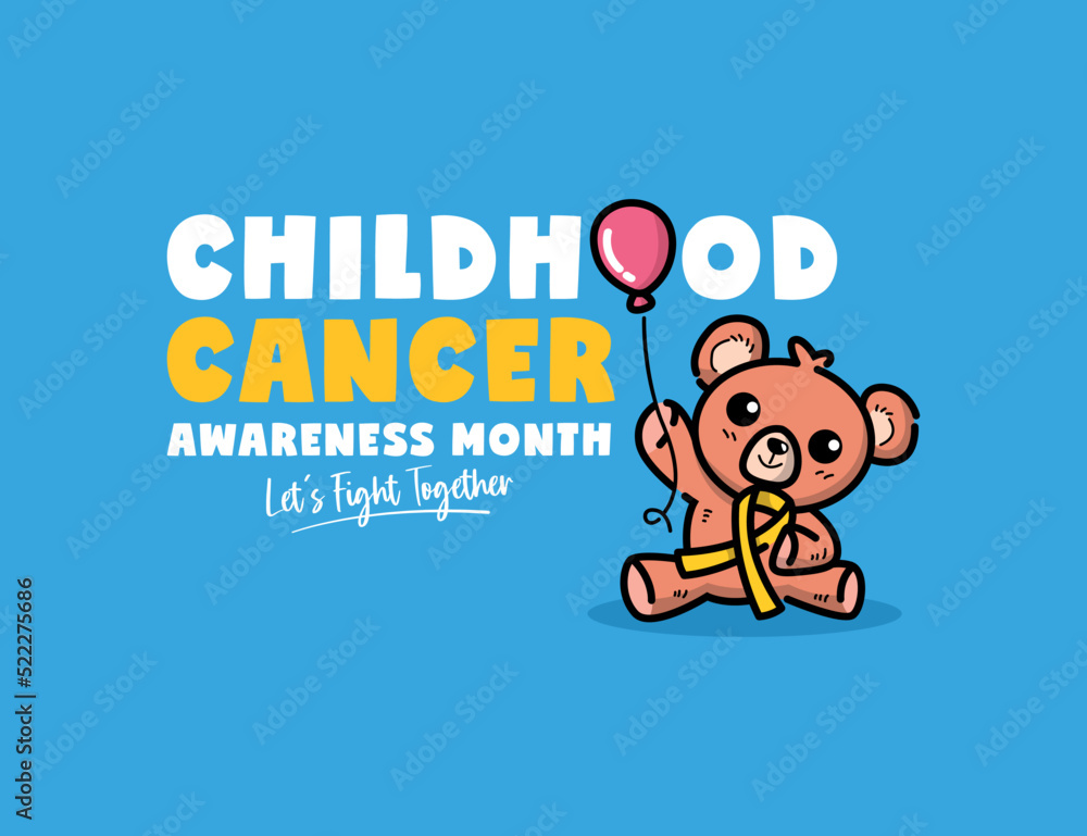 World childhood cancer poster design with teddy bear is holding yellow ribbon illustration World childhood cancer poster design with teddy bear is holding yellow ribbon illustration