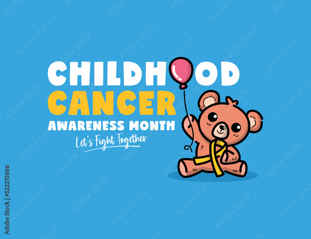 World childhood cancer poster design with teddy bear is holding yellow ribbon illustration