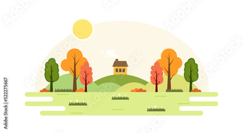 hill with a house in countryside flat design vector illustration. Spring rural landscape. Suburban traditional house. Family home. Vector illustration.