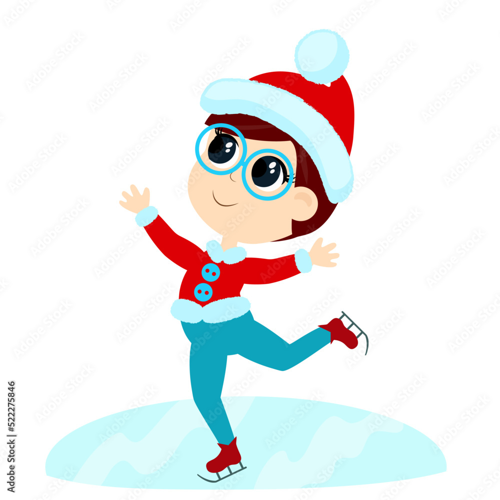 The boy is skating and is wearing a Santa Claus hat. The child is happy. Character design isolated on white background. The boy is skating and is wearing a Santa Claus hat. The child is happy. Character design isolated on white background.