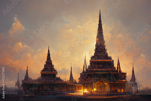 Billede på lærred Temple or Wat with sunset