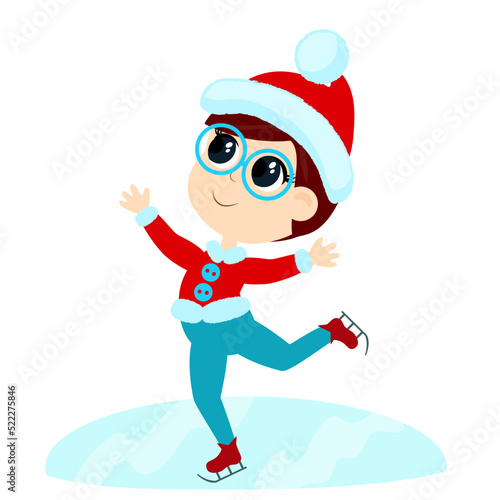 The boy is skating and is wearing a Santa Claus hat. The child is happy. Character design isolated on white background.