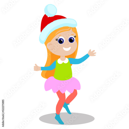 The girl is wearing a Santa Claus hat. The child is happy and jumping. Character design isolated on white background.
