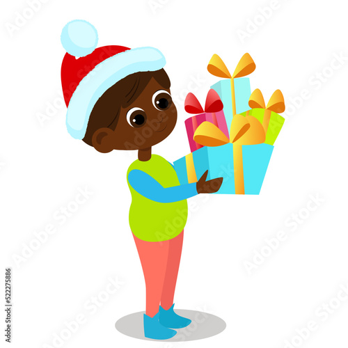 The child is holding a lot of gifts tied with ribbons. The child is happy and smiling. Character design isolated on white background.