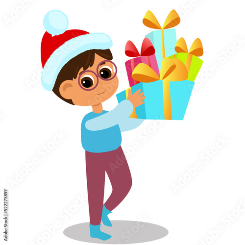 The child carries many gifts tied with ribbons. The child is happy and smiling. Character design isolated on white background.
