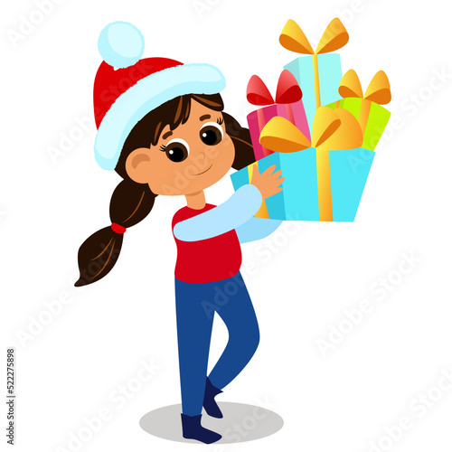 The girl is holding a lot of gifts tied with ribbons. The child is happy and smiling. Character design isolated on white background.