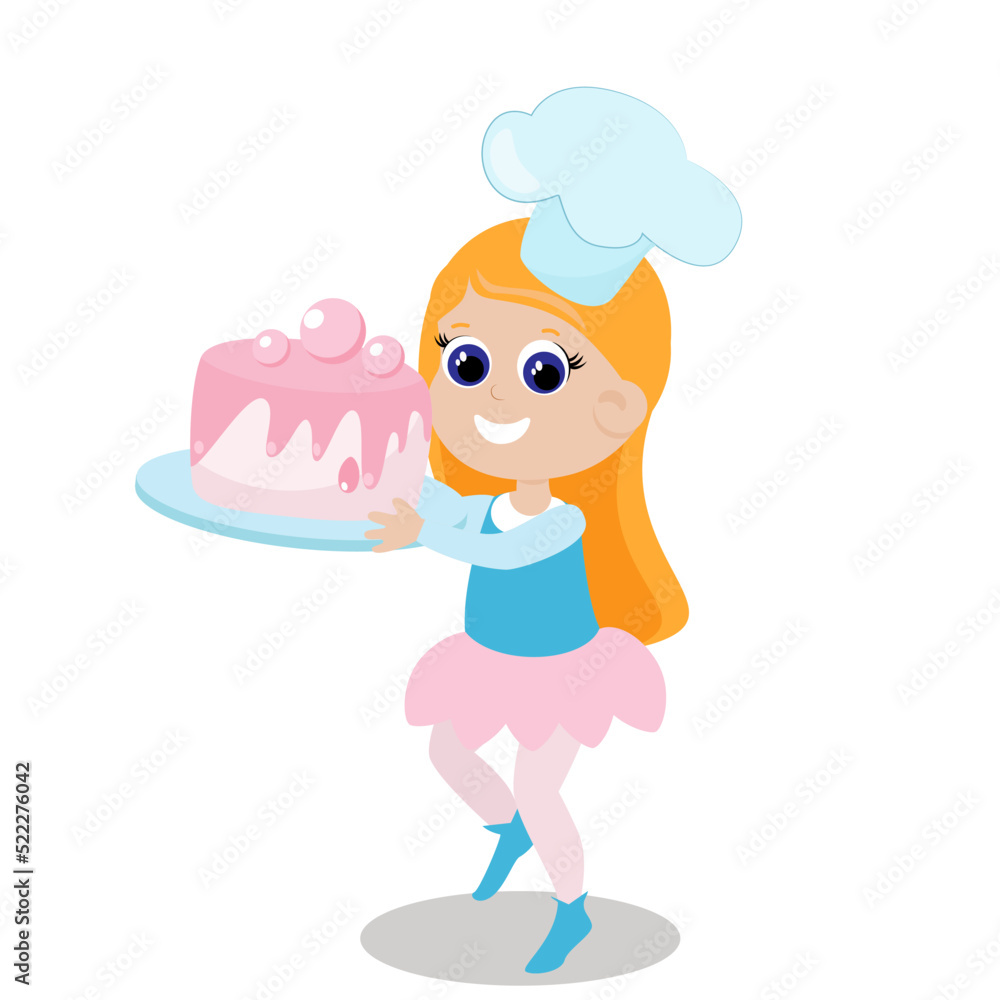 Fototapeta premium Little cute girl holds a huge cake with cream in her hands. The child is happy and wearing a chef's hat. Character design isolated on white background.