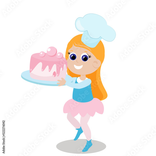 Little cute girl holds a huge cake with cream in her hands. The child is happy and wearing a chef's hat. Character design isolated on white background.