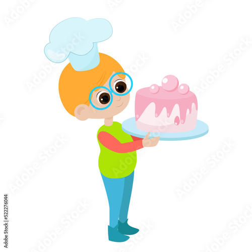 Little cute boy holding a cake in his hands. The child is wearing a chef's hat and glasses. Cute character isolated on white background.