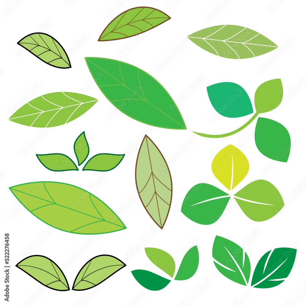 Set of green leaves icons on a white background