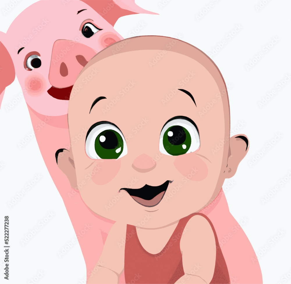 Digital art illustration of a cute pig and a child who are good friends Digital art illustration of a cute pig and a child who are good friends