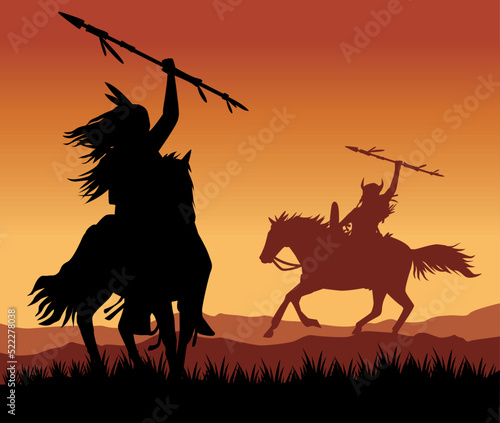 Obraz na płótnie natives warriors in horses sunset