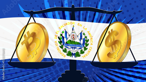 Gold coin of Bitcoin BTC and american dollar USD on scales with El Salvador colored flag on background. Central Bank of El Salvador has passed laws on digital assets CBDC.