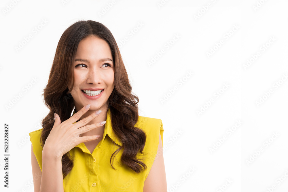 long hair asian woman wearing green shirt, smiling and looking sideways. on a white background. long hair asian woman wearing green shirt, smiling and looking sideways. on a white background.