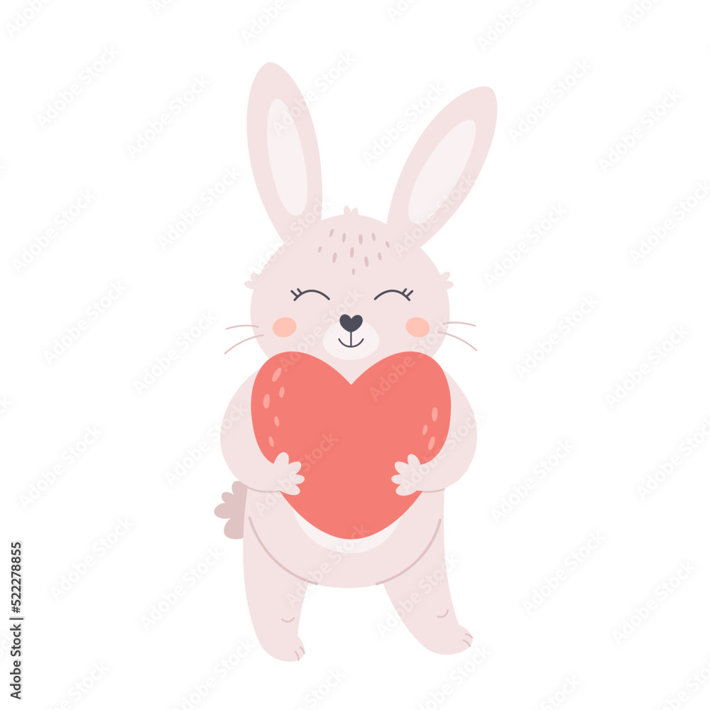 Obraz premium Cute white bunny with heart. Rabbit hugging a heart. Self Love, Valentines day concept. Hand drawn vector illustration