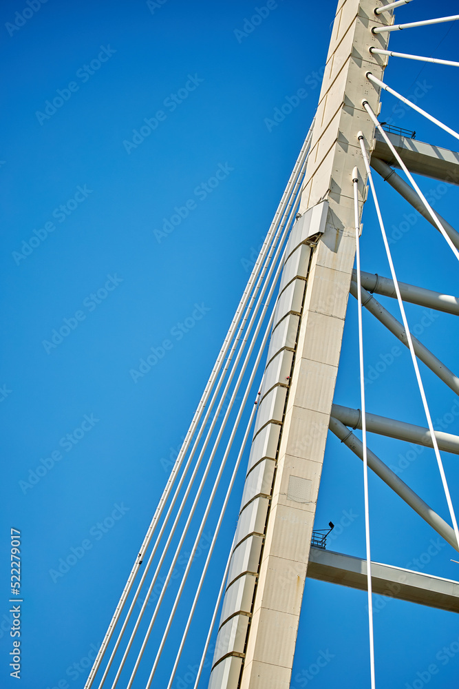 Obraz premium Ropes of a cable-stayed bridge against a blue sky