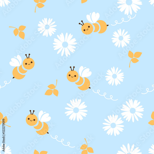 Seamless pattern with bee cartoons, branches and daisy flower on blue background vector illustration.