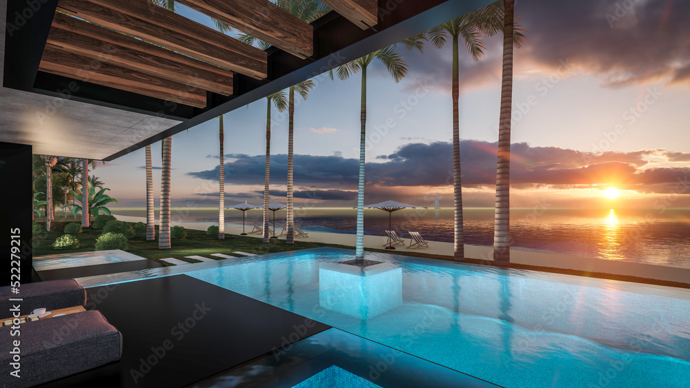 Fototapeta premium 3d rendering of modern cozy house with parking and pool for sale or rent with wood plank facade by the sea or ocean. Sunset evening by the azure coast with palm trees and flowers in tropical island