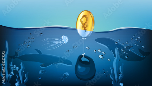 Gold coin Russian ruble RUB is pulled to the bottom by heavy weight in ocean with marine life. Metaphorical sinking Russian ruble keeps afloat with last of its strength.