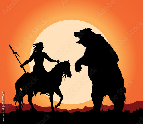 Photo native fighting with bear sunset