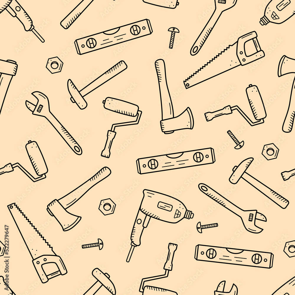 Seamless pattern Construction tools, doodle vector set of repair elements, cartoon icons.
