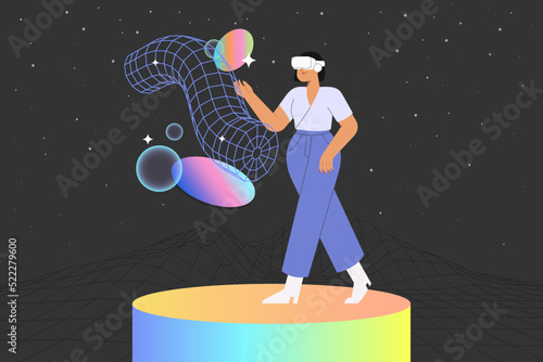 Metaverse entertainment. Flat vector illustration with woman wearing virtual reality glasses, interacting and creating a virtual world. Concept of future innovations.