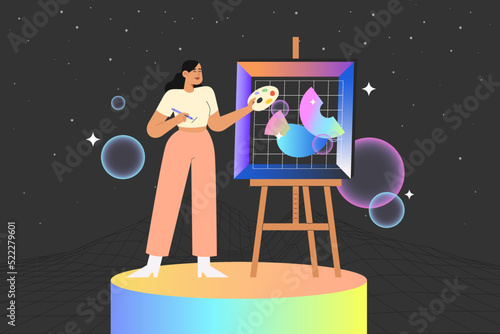 NFT. Flat vector illustration with woman creating digital picture. Concept of future innovations.