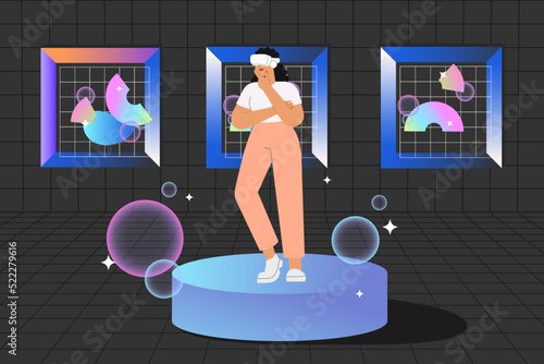 NFT auction. Flat vector illustration with woman at the virtual gallery buying or selling digital art. Concept of Metaverse.