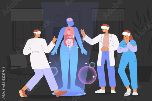 Metaverse. Flat vector illustration with group student or interns wearing virtual reality glasses are practicing virtual treating patients. Concept of digital learning space.