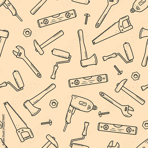 Seamless pattern Construction tools, doodle vector set of repair elements, cartoon icons.