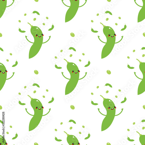 Cute smiling edamame, green soy beans characters presenting, juggling small edamame beans vector seamless pattern background.

