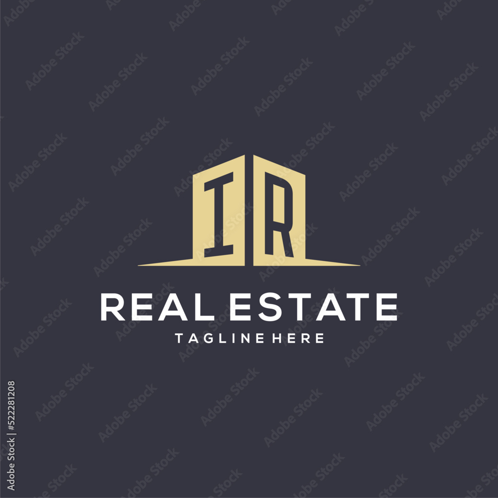 Monogram IR logo for construction with simple building shape icon ...