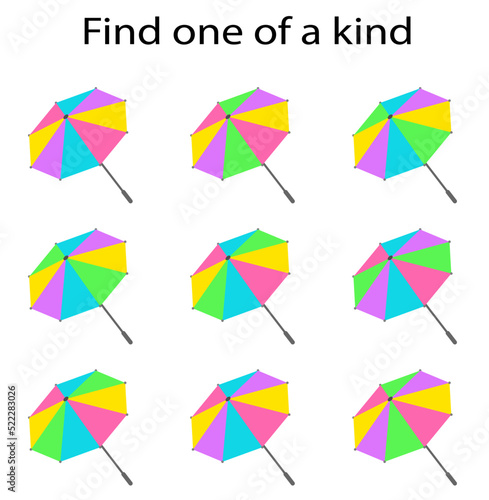 Fun education game for kids. Need to find one of a kind umbrella. Kids activity page. Vector illustration