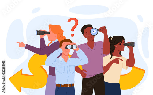 Teamwork search for opportunity, analysis of idea, way of solving problem vector illustration. Cartoon male and female worker characters look forward through magnifying glass, spyglass, binoculars