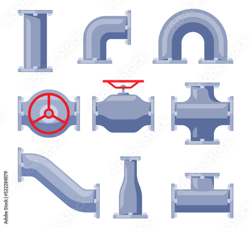 Water pipes with faucets. Water and liquid pumping. Technical equipment for water stations. Vector illustration