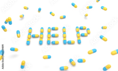 medicines in capsules forming the word help (3d illustration)