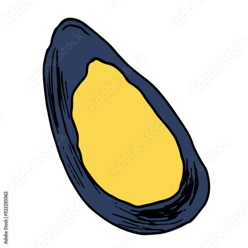 yellow mussels on a half of a gray-blue shell, hand-drawn in the style of a sketch of a yellow mussel on a half of a seafood shell, isolated on white for a design template, packaging, menu