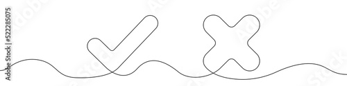 Check mark and cross icon line continuous drawing vector. One line Check mark and cross icon vector background. Check mark and cross icon. Continuous outline of a Check mark and cross icon.