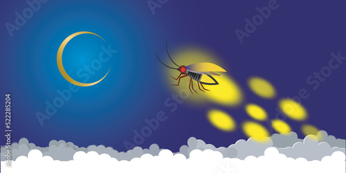 Beautiful firefly spread wings and light at the end of the body. design Insect beetle firefly. Vector set of simple cartoon drawings with different angles and elements.