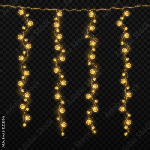 Realistic glowing garlands. Glowing lights for design of Christmas holiday cards.