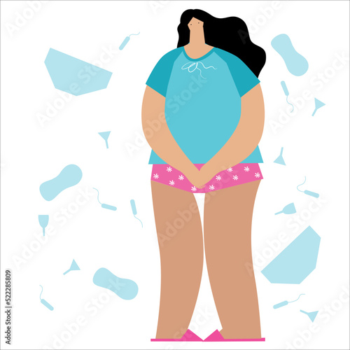 A full-length woman holds her stomach with her hands.
