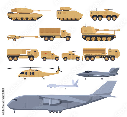 Set of military equipment. Armored aircraft aviation artillery. Equipment for attack and defense of the country. Vector illustration on white background.