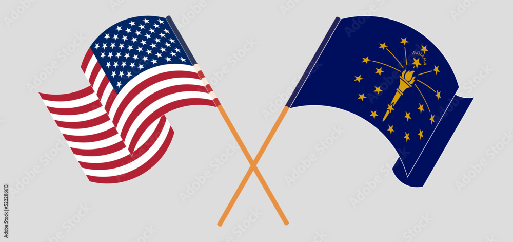 Crossed and waving flags of the USA and the State of Indiana Crossed and waving flags of the USA and the State of Indiana