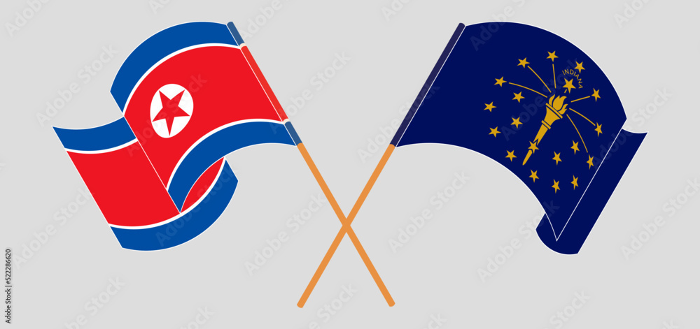 Crossed and waving flags of North Korea and the State of Indiana Crossed and waving flags of North Korea and the State of Indiana