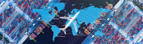 Cargo plane flying above ship port coverage world map import-export, Network logistics partnership connection busiest container ports. Container ships loading and unloading background. photo