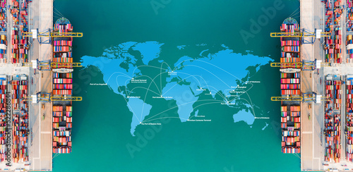 Photography Global network coverage world map import-export, Network logistics partnership connection busiest container ports