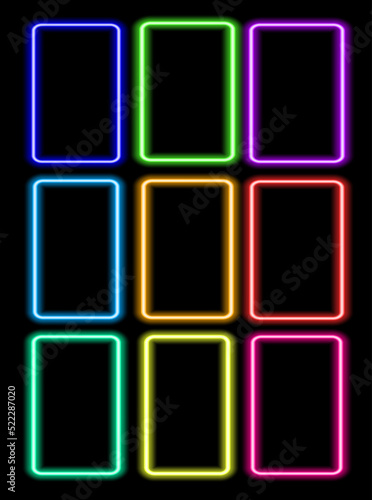 A set of colorful neon frames vertical rectangles. Vector illustration of a bright rectangular shape of different colors, glowing in the dark, with an empty space inside for text for a design template