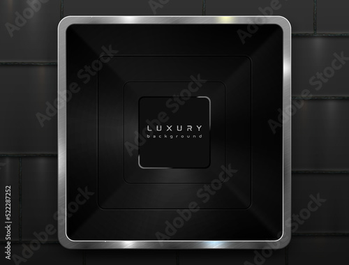 Black square tunnel frame with rough silver brushed metal edge on black welded iron plates background. Vector cut square profile pipe tech frame. Chrome edge rectangle industrial logo border
