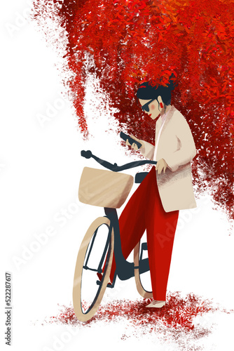 Female holding Phone with Bike with Autumn Outfit on Autumn leaves background