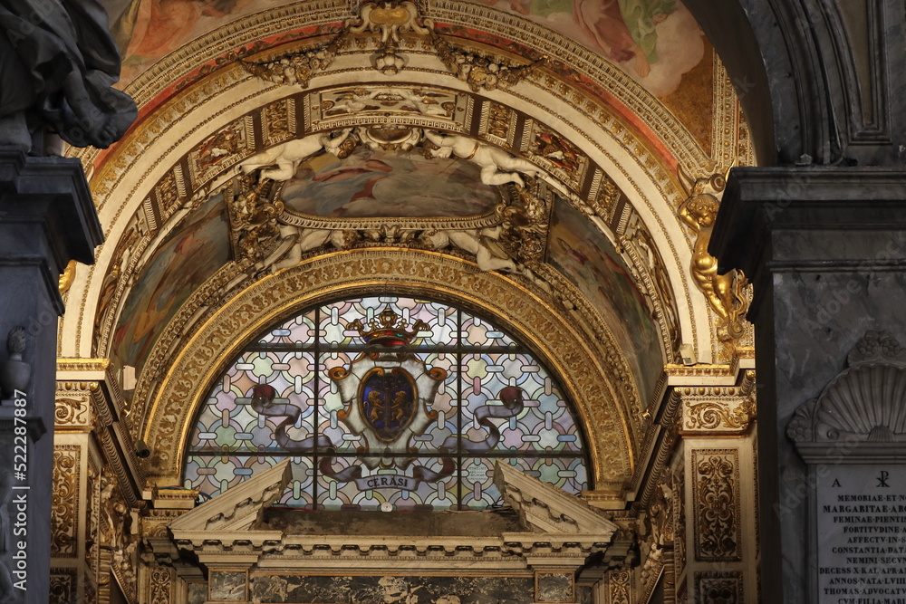 Santa Maria del Popolo Church Interior Detail with Stained Glass Window in Rome, Italy